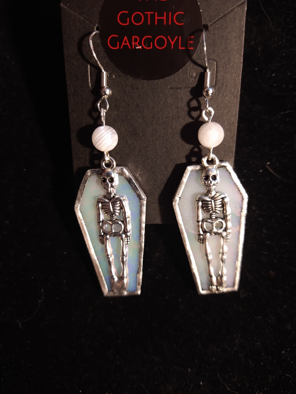 Iridescent White Stained Glass Skeleton Coffin Earrings -Moonstone